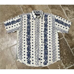 Genuine Navy Men's Blue and White Linen Blend Patterned Casual Button Up Shirt